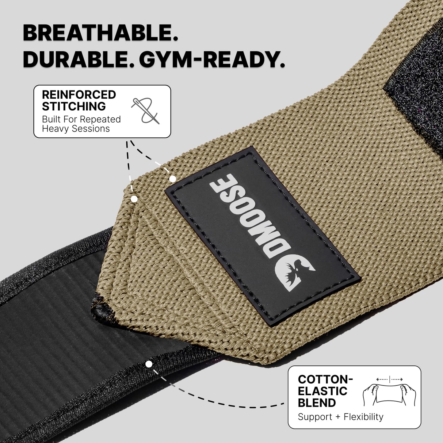 DMoose Fitness Elbow Wraps for Weightlifting (Pair) - 40'' Adjustable Elbow Strap for Gym Workout, Bench Press & Powerlifting - Compression Wraps for Tendonitis & Joint Support (Tan)