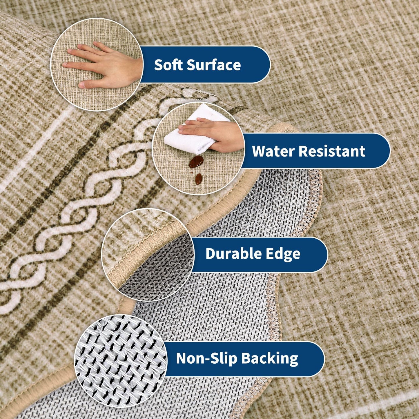 Garvee Scalloped Washable 5x7 Area Rugs for Living Room, Non Slip Neutral Bordered Soft Non Shedding Bedroom Rugs Foldable Low Pile Stain Resistant Carpet for Playroom Nursery Dining Room, Jute Color
