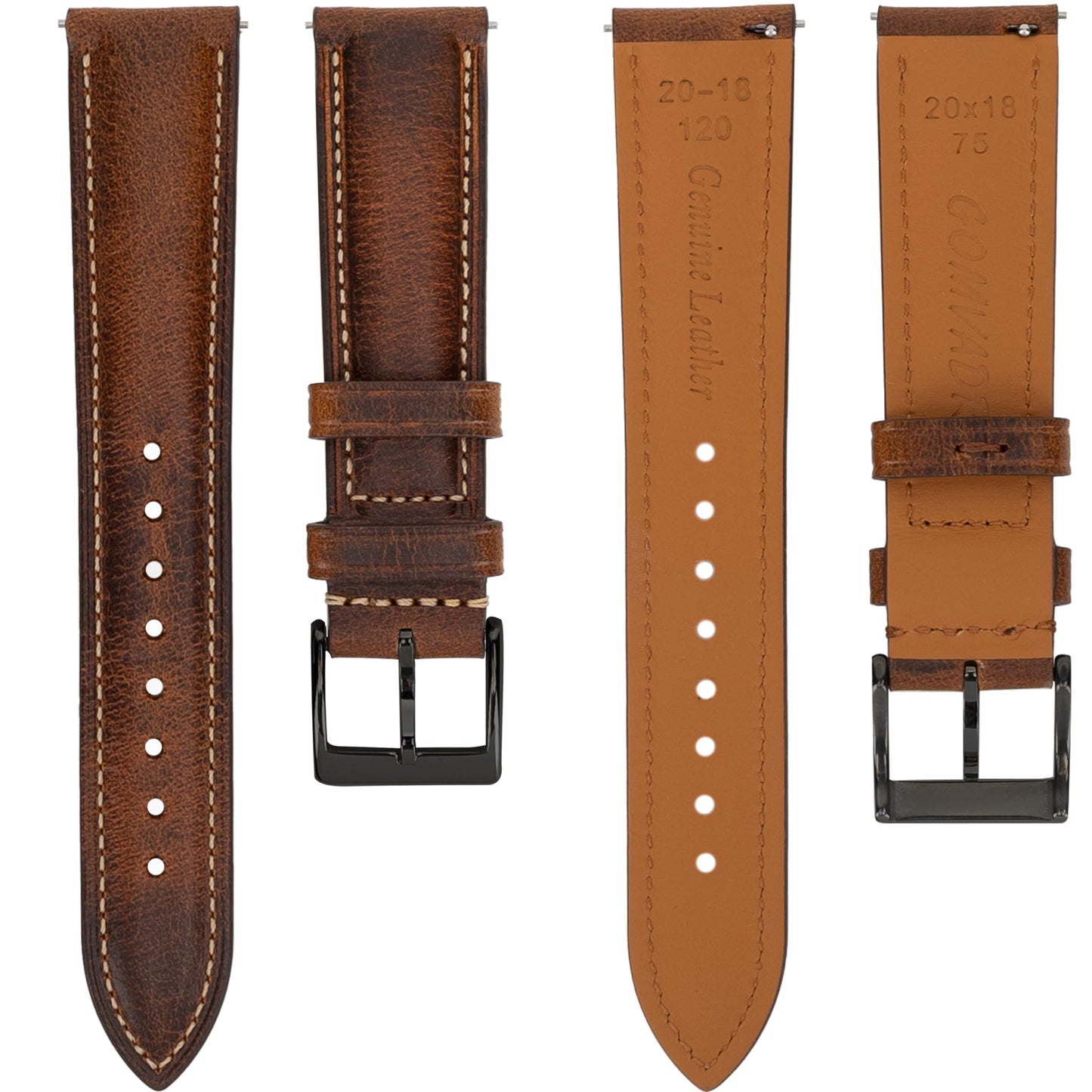 Gomvadr Quick Release Leather Watch Bands 14mm 16mm 18mm 19mm 20mm 21mm 22mm 24mm ,Vintage Oil Wax-Tanned Leather Watch Straps Men's Watch Band Replacement Watch Strap for Men Women,Tan with Contrast Stitch/Blk Buckle, 20mm