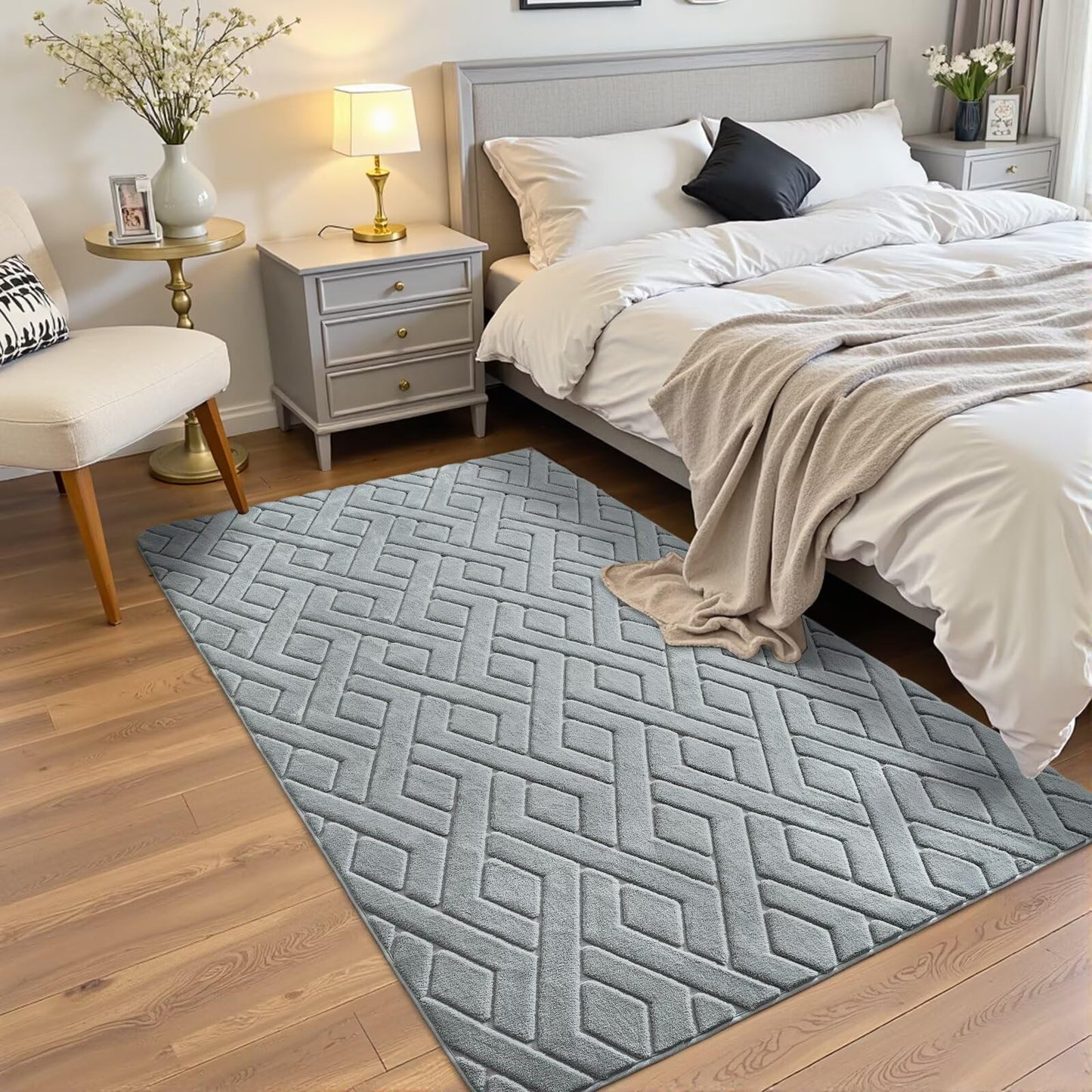 Flagover 3x5 Grey Washable Area Rug for Bedroom, Modern Geometric Shag Non-Slip Living Room Rugs, Fluffy Plush Soft Memory Foam Carpet for Kids Boys Room Nursery Room Dorm Bedside Decor