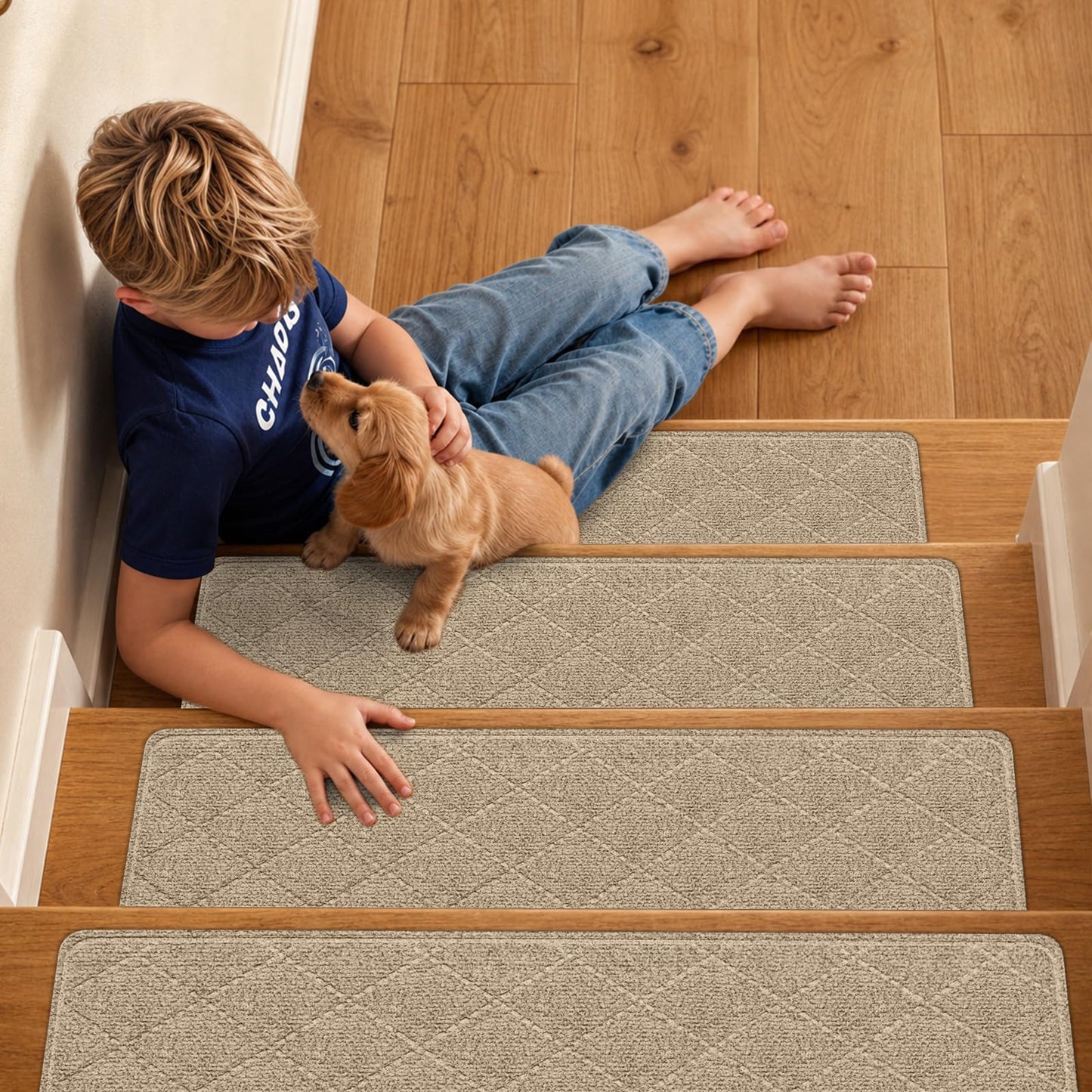 TranquilMoments Stair Treads Non-Slip for Wooden Steps, 15Pack - 8" x 30" Edging Stair Runner Indoor for Kids Elders & Pets, Washable Carpet Stair Treads with Peel & Stick Reusable TPE Backing, Beige