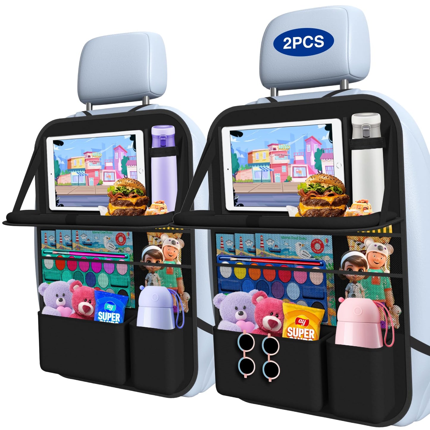 Oneyus Car Backseat Organizer with Table Tray(2-Pack) 9 Storage Pockets Backseat Car Organizer and storage with Tablet Holder, Kick Mats Back Seat Cover for Kids family Road Trip Essentials Travel