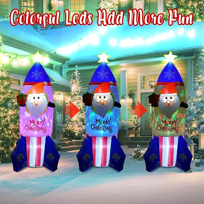 7.2 FT Inflatable Santa Ride Rocket with Gift Box Decorations, Blow Up Yard Decoration Rocket with Built-in Colorful LED Lights for Christmas Decorations