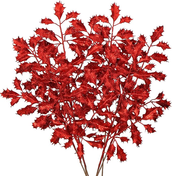 DILATATA 6Pcs Christmas Glitter Leaves Holly Leaves 23" Artificial Red Holly Leaf Picks Sprays Giltter Stems for Christmas Tree DIY Xmas Wreath Garland Home Decor - Red