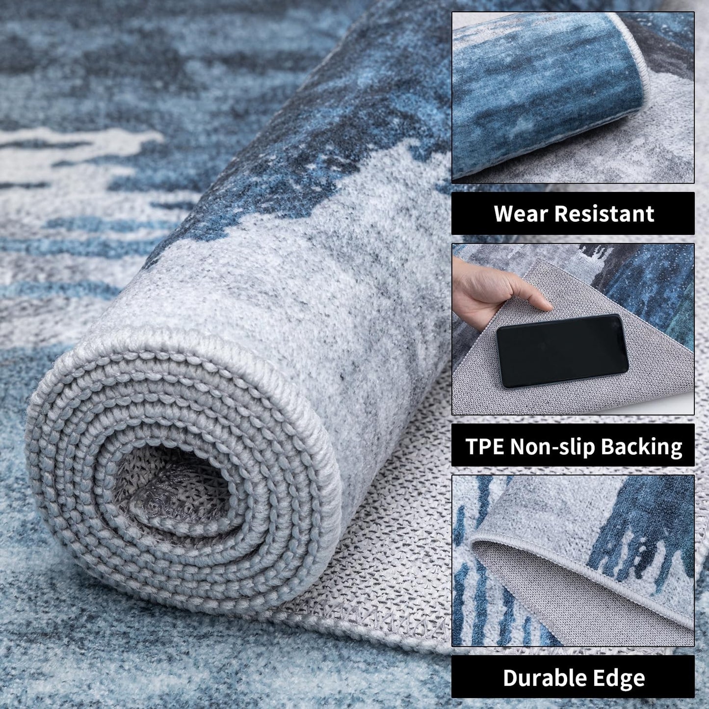 Ciicool Abstract Area Rug Indoor, 3x5 Washable Entryway Rug, Modern Soft Throw Rug with Non-Slip Backing Ideal for Bedroom Living Room Entrance Kitchen, Low-Pile Floor Carpet Doormat Blue Grey
