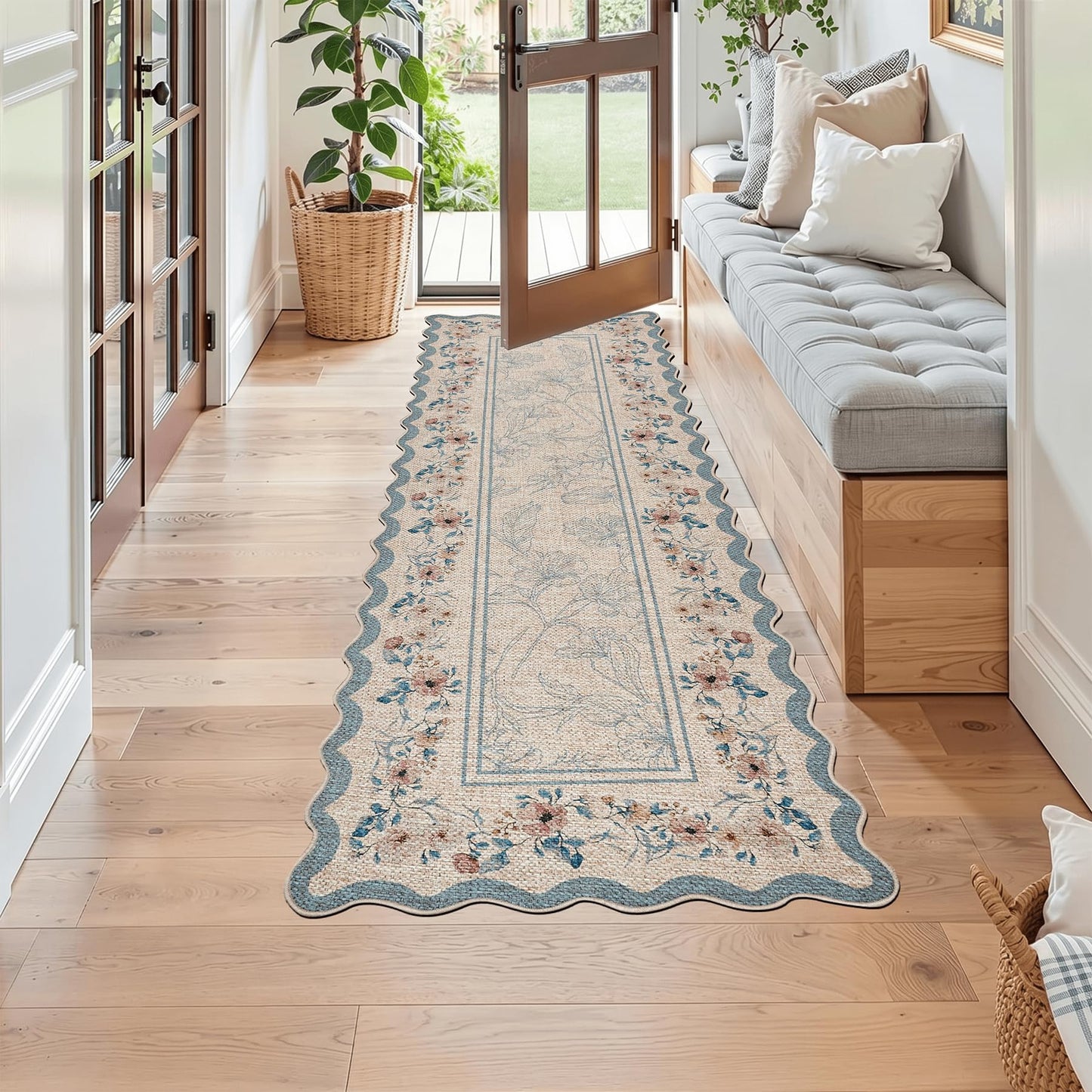 ORTIGIA Scalloped Easy Jute Runner Rug 2x6 ft Farmhouse Blue Floral Washable Kitchen Rug Non-Slip Low-Pile Indoor Outdoor Carpet for Bedroom Dining Entryway Hallway Patio Laundry Room