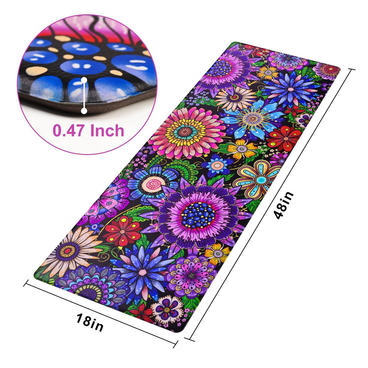 Likiyol Boho Kitchen Rugs Boho Floral Anti Fatigue Kitchen Mat for Floor Bohemian Flowers Non Slip Washable Kitchen Floor Mats, Comfort Standing Mat for Sink, Laundry, 18''x48'', 0.47" Th, Purple
