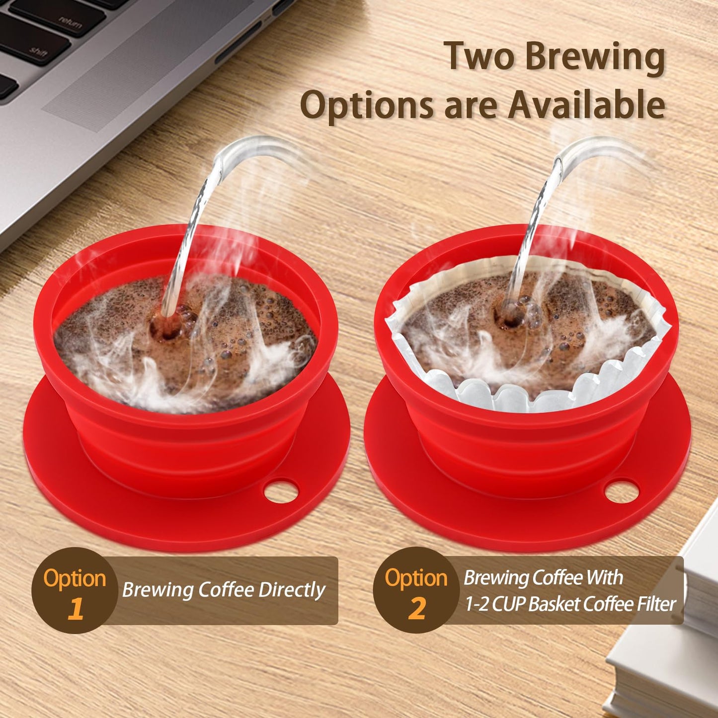 2-Packs Travel Collapsible Paperless Pour Over Coffee Dripper Kit with Stainless Steel Filter, Travel Pour Over Coffee Maker Camping, Silicone Coffee Strainer Pour Over Single Cup (Brown+Black)