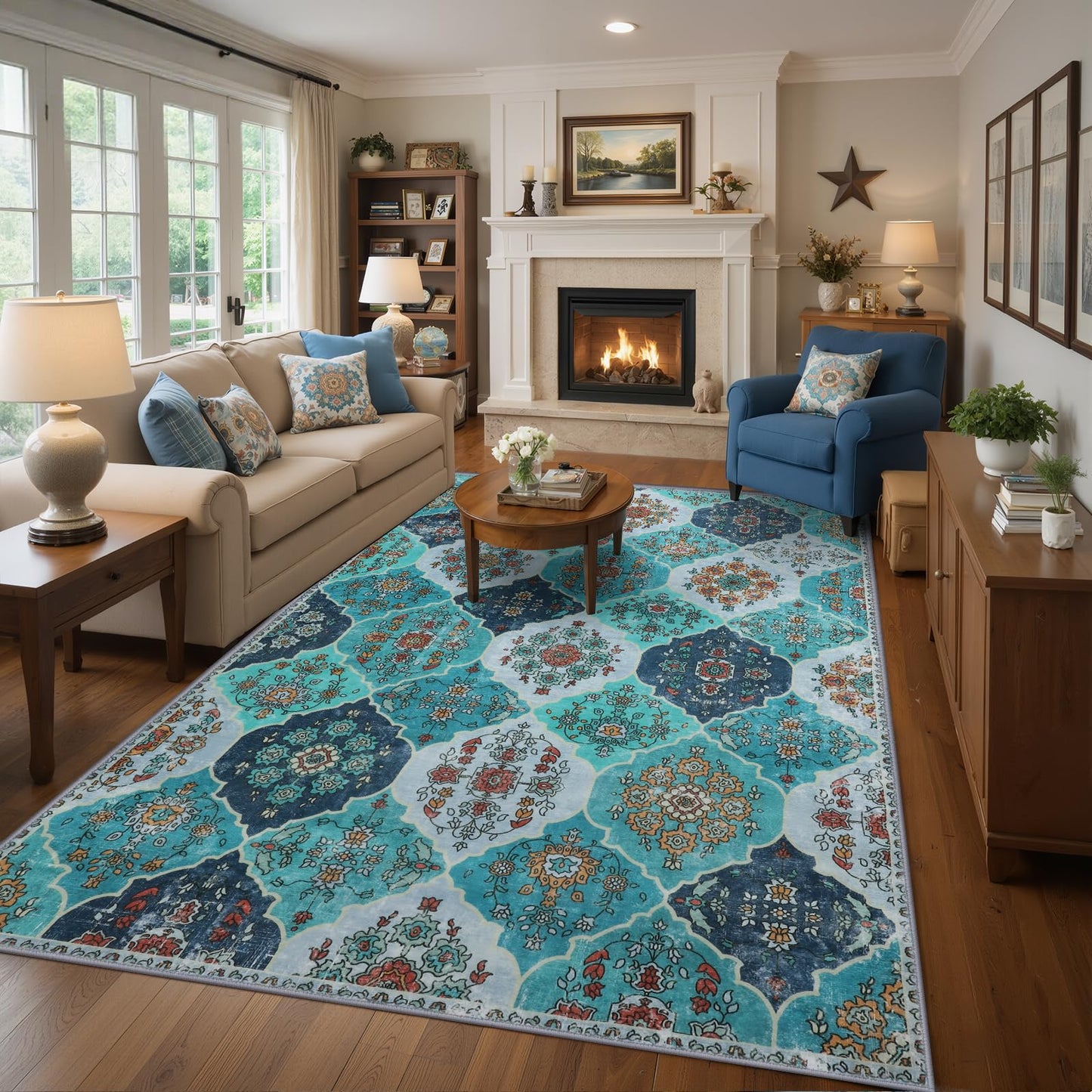 FLYRUGGO 5x7 Area Rugs, Washable Boho Rugs for Living Room, Moroccan Trellis Bohemian Ultra Soft Large Non-Slip Carpet for Dining Room Office Bedroom - Teal Blue