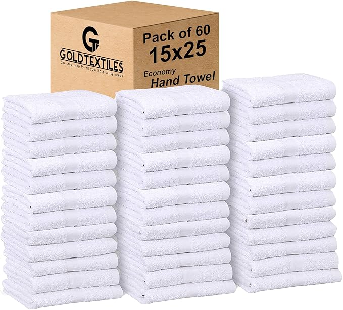 GOLD TEXTILES Bulk Pack 60 Pcs White Economy 15x25 Inches Basic Hand Towel