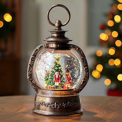 Christmas Snow Globe Lantern Water Glittering Nutcrackers with Music & Timer, USB Lined/Battery Operated Lighted Lantern for Christmas Festival Decoration Gifts