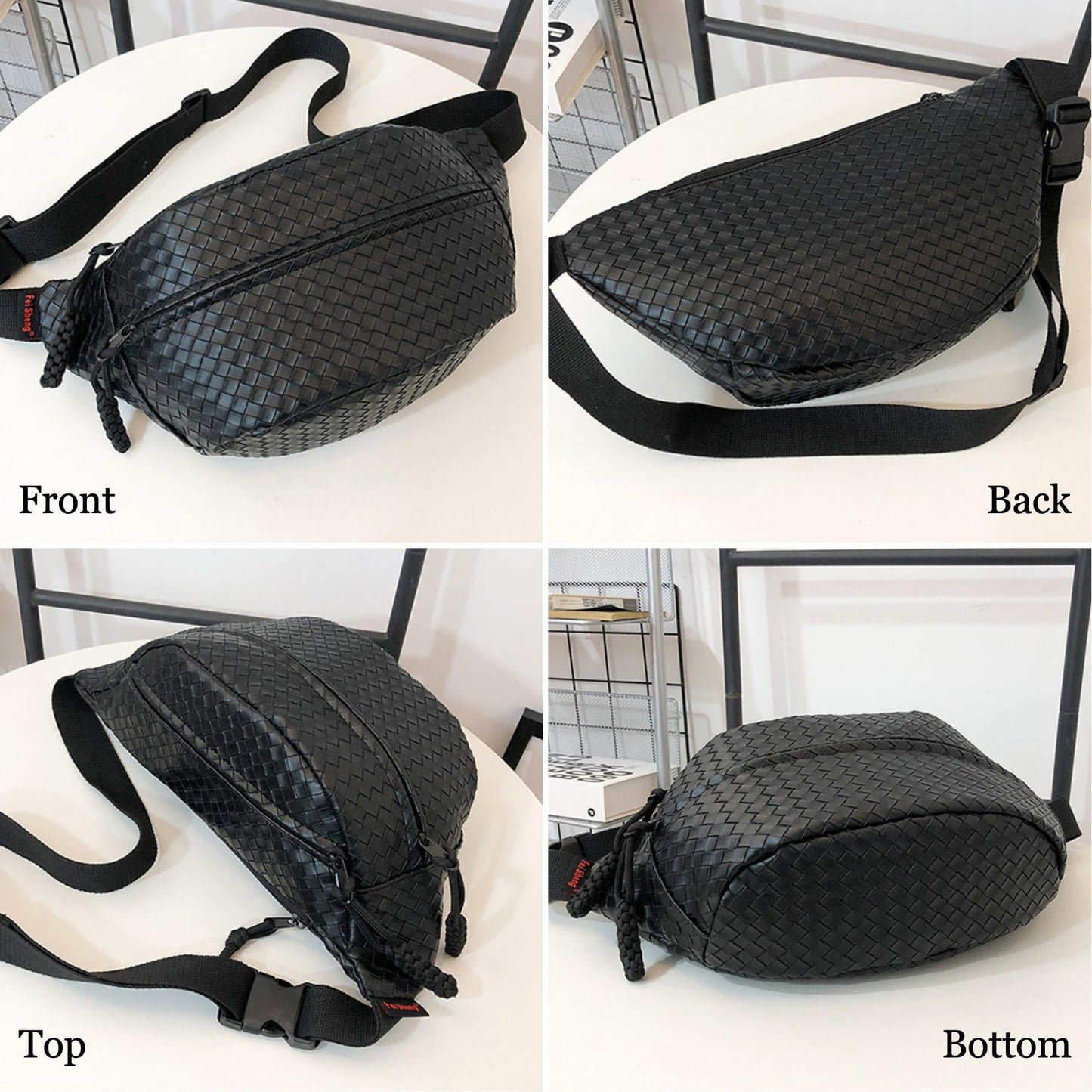 Woven PU Leather Fanny Packs for Men and Women, Stylish Shoulder Sling Crossbody Purse Adjustable Strap, Unisex Bum Waist Bags for Festival Travel Shopping Outdoor (Black, Medium)
