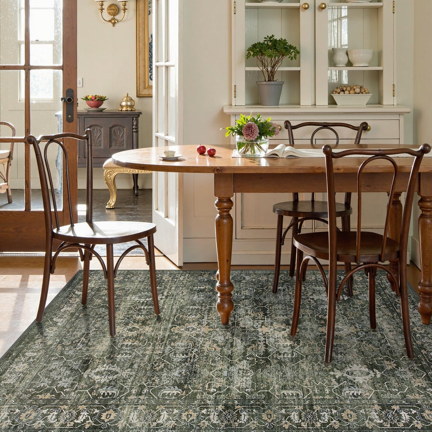 Lahome Margot Washable Area Rugs 5x7 Green Rugs for Living Room,Boho Rug for Bedroom, Distressed Non Slip Low Pile Carpet for Indoor Home Office Dining Room (5'x7', Green)
