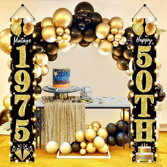 50th Birthday Party Banner Lighted Decorations for Men and Women - Black Gold Vintage 1975 50th Birthday Door Banners with LED Light, Fifty Years Birthday Party Supplies for Indoor Outdoor Decor