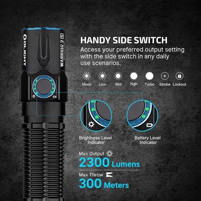Olight Warrior 3S Tactical Flashlight - 2300 Lumens Rechargeable LED Light with Proximity Sensor | Compact Design (Black)