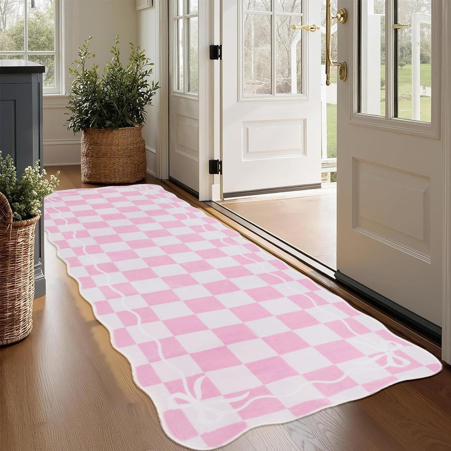 Albodanl Pink Checkered Bow Kitchen Runner Rug, 2x6 Washable Rug Runners for Hallways Non-Slip, Cute Scalloped Ultra-Thin Soft Carpet for Bedroom Bathroom Laundry Nursery Entryway
