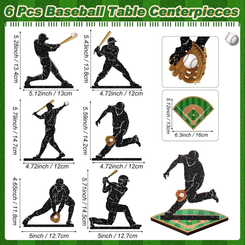 Baseball Table Centerpiece Decorations - 6 Pcs Wooden Player Silhouettes | Sports Game Sign for Birthday Parties