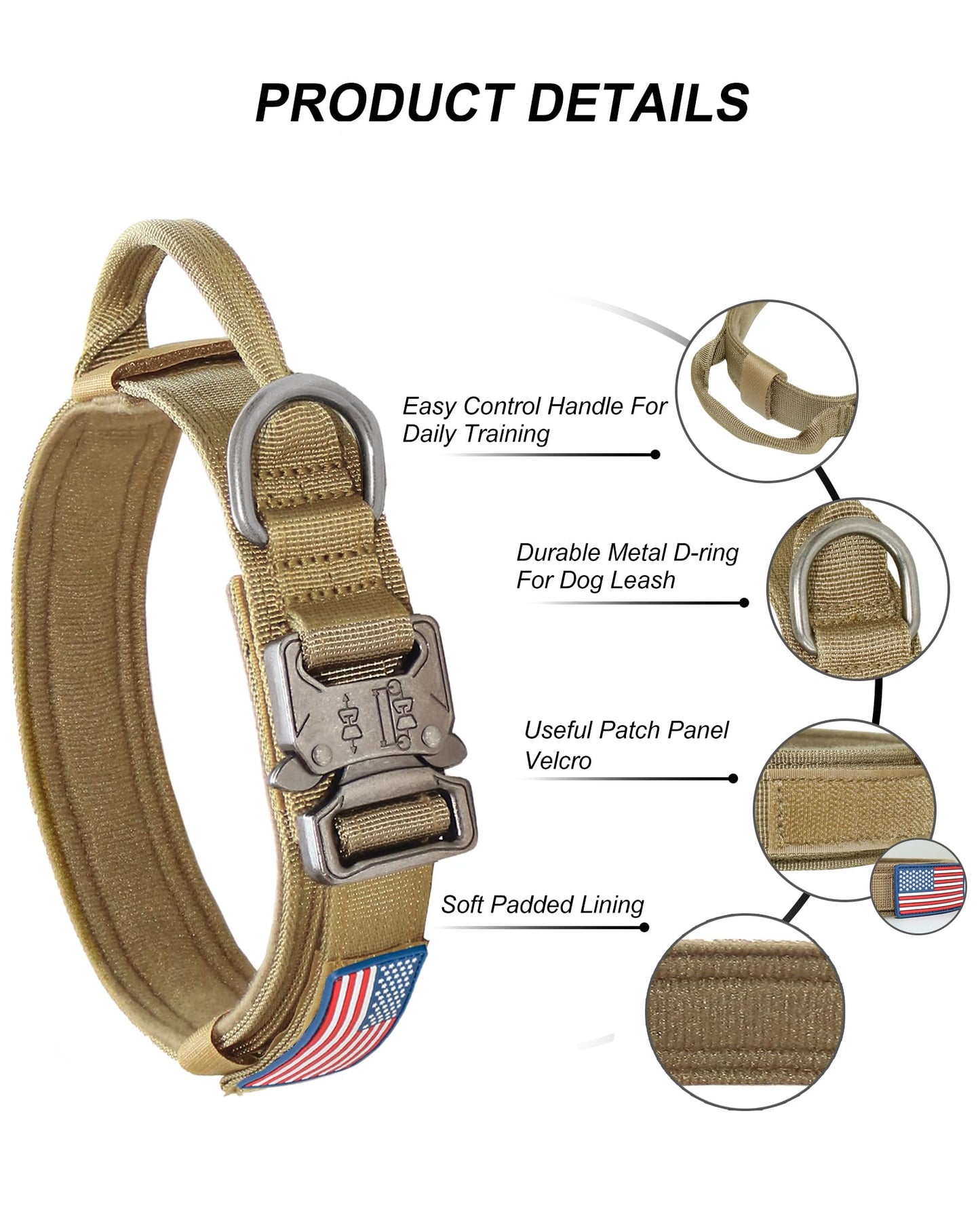 Hotsky Tactical Dog Collar, Adjustable Military Training Nylon Airtag Collar with Handle and Heavy Duty Metal Buckle for Medium Large Dogs, with Airtag Holder and Two Patches（Brown,L）