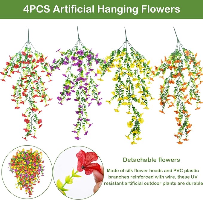DOUBFIVSY Artificial Hanging Flowers for Outdoors, 4 Pcs Fake Hanging Plant Spring Summer Decor, UV Resistant Waterproof No Fade Faux Flower for Front Door Porch Patio Planter Garden (Mixed Color)