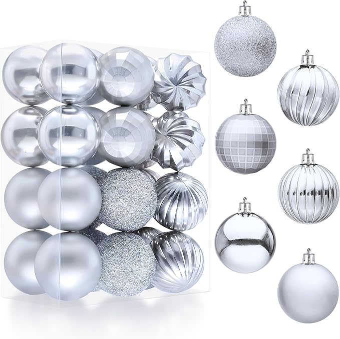 JOIEDOMI 24 Pcs Silver Christmas Balls Ornaments, 2.36" Christmas Tree Ornaments Set, Shatterproof Xmas Balls Hanging Decorations for Tree Wreath Garland Holiday Wedding Indoor Party Decor