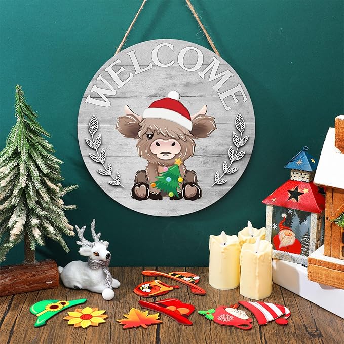 35 Pcs Christmas Interchangeable Highland Cow Welcome Sign Highland Cow Seasonal Wooden Hanging Door Decor Thanksgiving Farmhouse Hanging Sign for Front Door Xmas Party Decoration Gift(Light Gray)