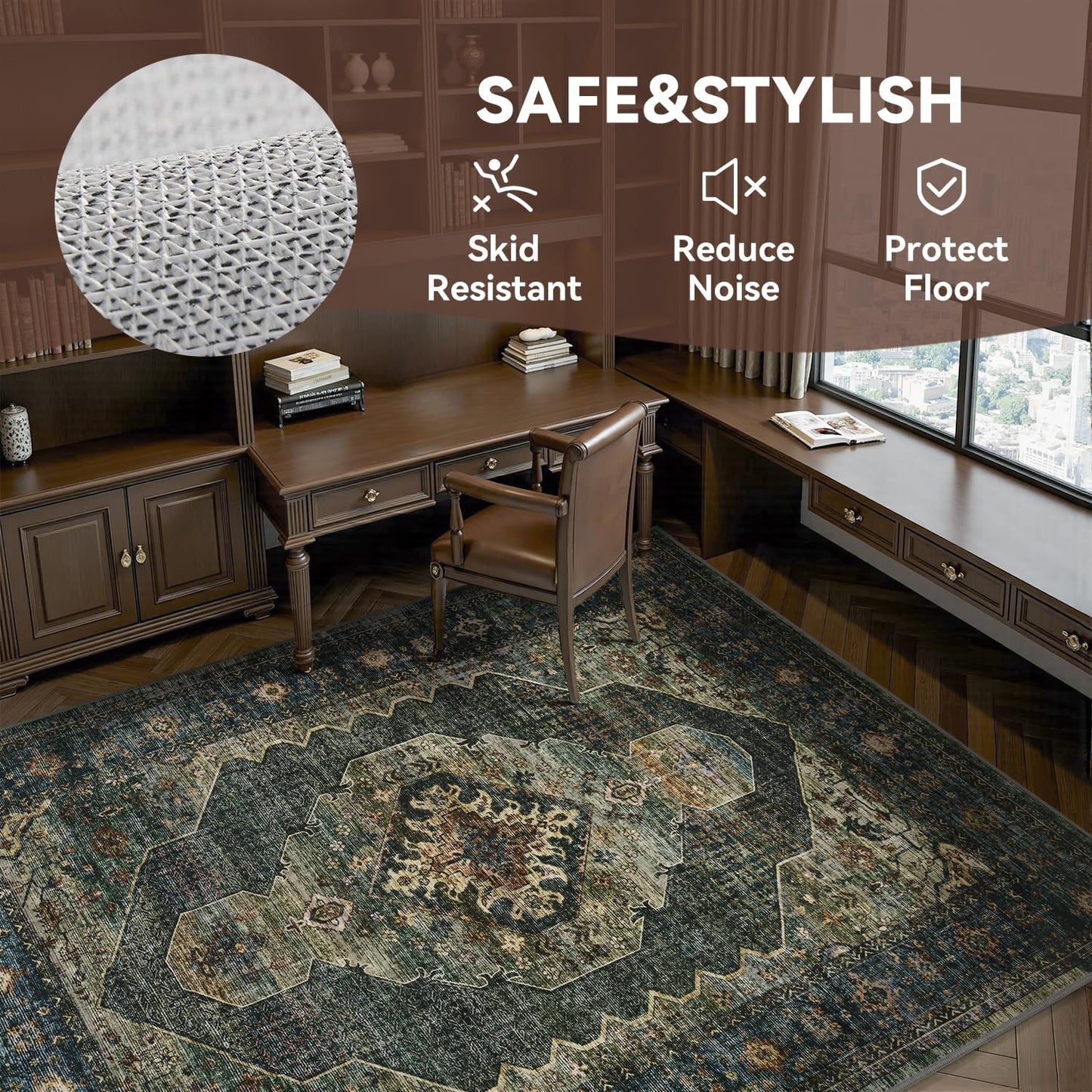 Engiw Olive Green 8x10 Area Rugs for Living Room Bedroom Rug Washable Vintage Neutral Farmhouse Rug Carpet Dining Room Rugs Office Retro Oriental Easy Clean Non Slip Large