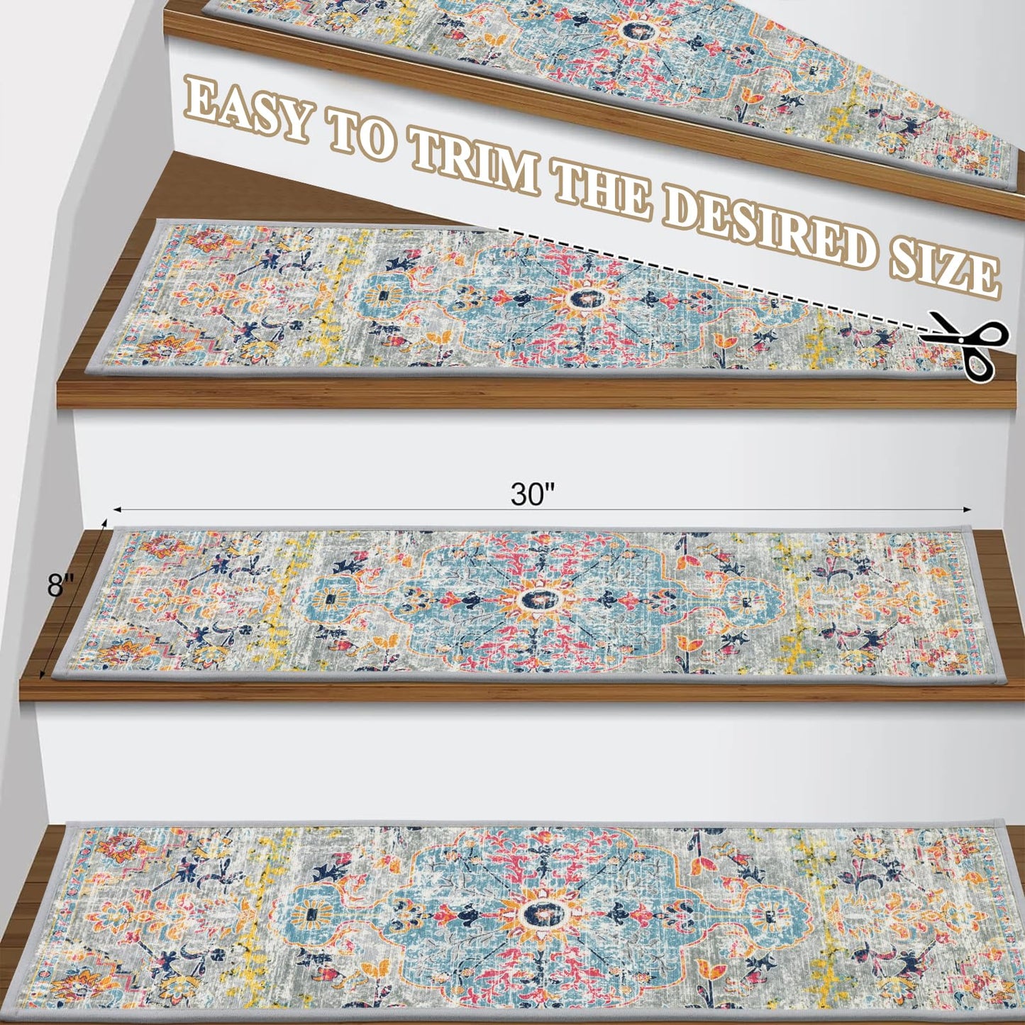 Pauwer Carpet Stair Treads for Wooden Steps Indoor 15 Pack 8" X 30" Peel and Stick Stair Treads Non Slip Staircase Step Treads Reusable Stair Runner Rugs for Dogs, Kids and Elders