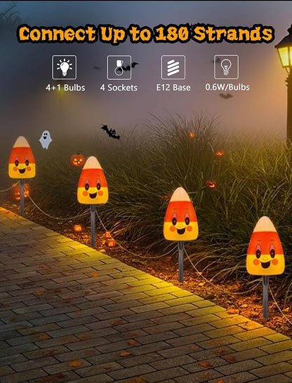 4 Pack Halloween Candy Corn Pathway Marker Lights with C7 Clear Bulbs, 7Ft Candy Night Light with 4 Stakes, Extendable Waterproof Pathway Decor for Yard Porch Lawn Pathway Garden