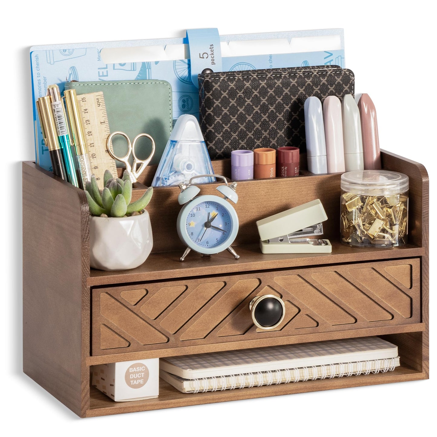dreampossible Brown Wood Desk Organizer and Accessories with Drawer, Bill Mail Organizer and File Mail Holder for Office Supplies, Desk Accessories & Workspace Organizers