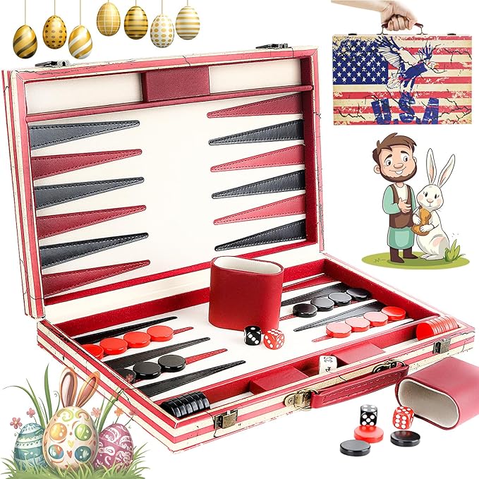 15 Inches Backgammon Sets for Adults Leather Travel Backgammon Set with American Flag Design Classic Board Game for Friends Party or Family Game Night