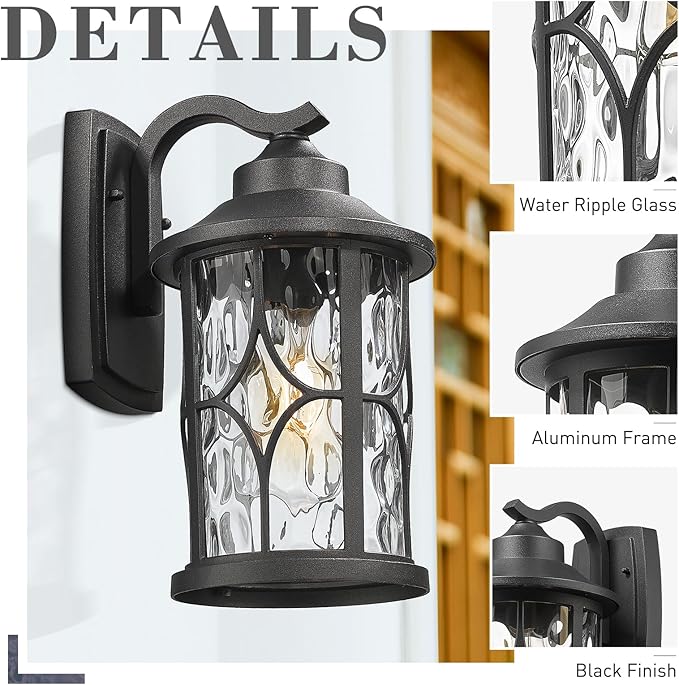 zeyu Modern Outdoor Wall Lights, 12 Inch Exterior Wall Lantern, Cast Aluminum with Water Ripple Glass, Black Finish, ZX48BWG BK