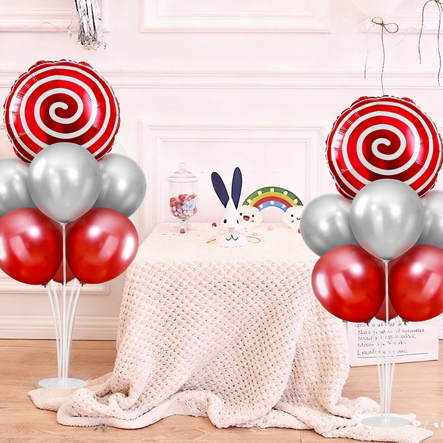 2 Sets Red White Lollipop Balloon Stand Kit, 18 Inch Swirl Foil Balloons Table Centerpieces for Candyland Birthday Party Decorations, Baby Shower, Sweet Candy Themed Party Supplies-Red
