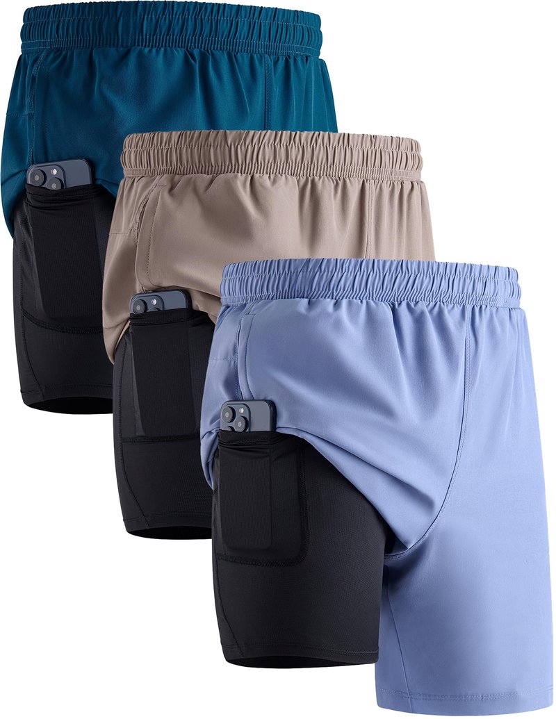 Liberty Pro 3 Pack: Men's 7" Running Shorts with Compression Liner Pockets, Athletic 2 in 1 Shorts for Workout Gym Quick Dry