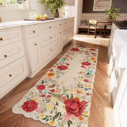 Kitchen Rug Runners for Hallways: 2'6''x8' Washable Runner Rugs for Kitchen Ultra Thin Stain Resistant Non Slip Low Pile Lightweight Vintage Floral Carpet for Laundry Room Decor (Beige)