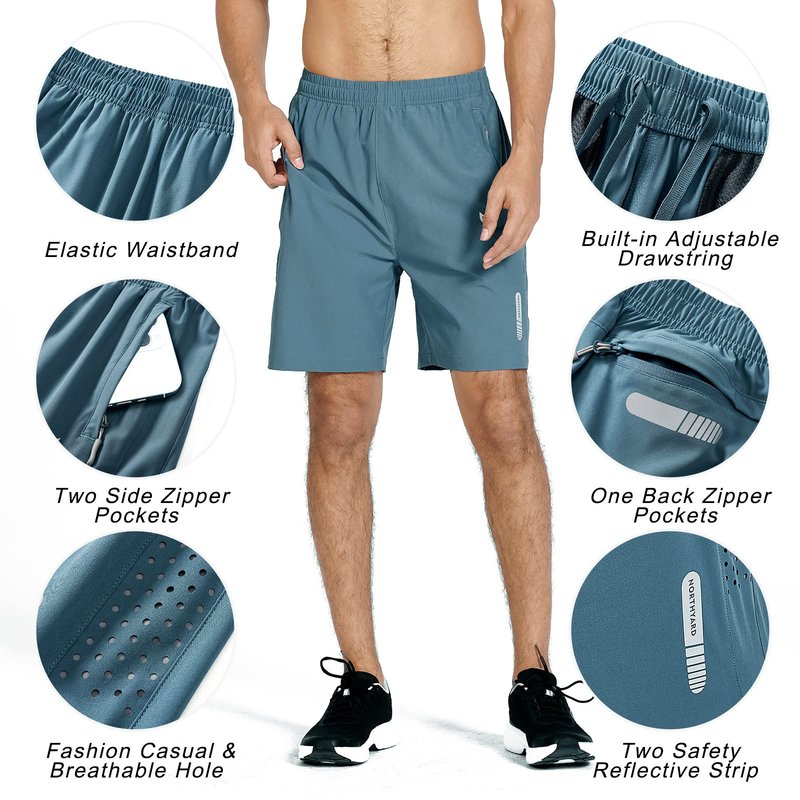 NORTHYARD Men's Athletic Running Shorts Gym Workout 7"/9"/5" Quick Dry Lightweight Sports Basketball Tennis 3 Zipper Pockets Greyblue XL