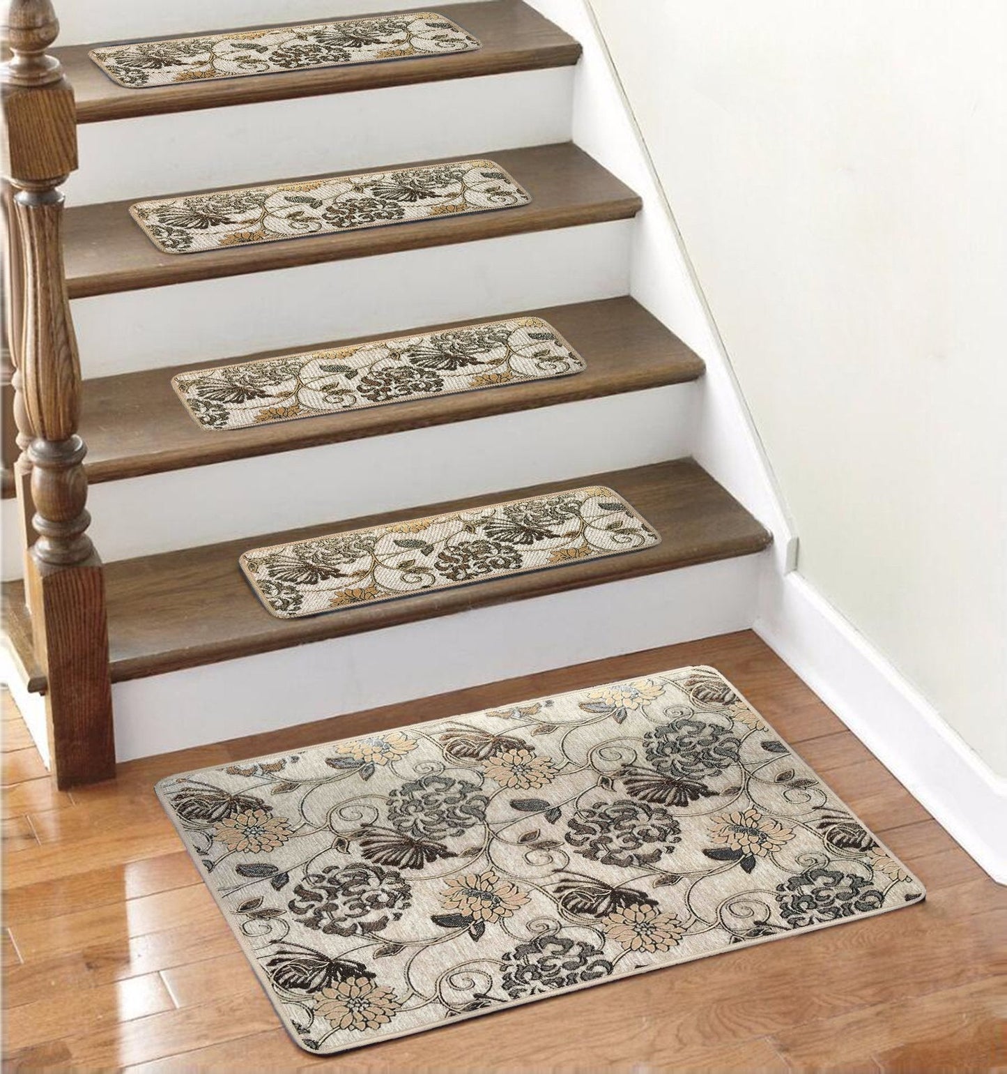 Seloom Stair Treads Carpet Non Slip Stair Rugs/Runner with Non Skid Rubber Backing for Indoor Wooden Steps.(（25.5×9.5In,13pcs+Landing Mat）, Beige)