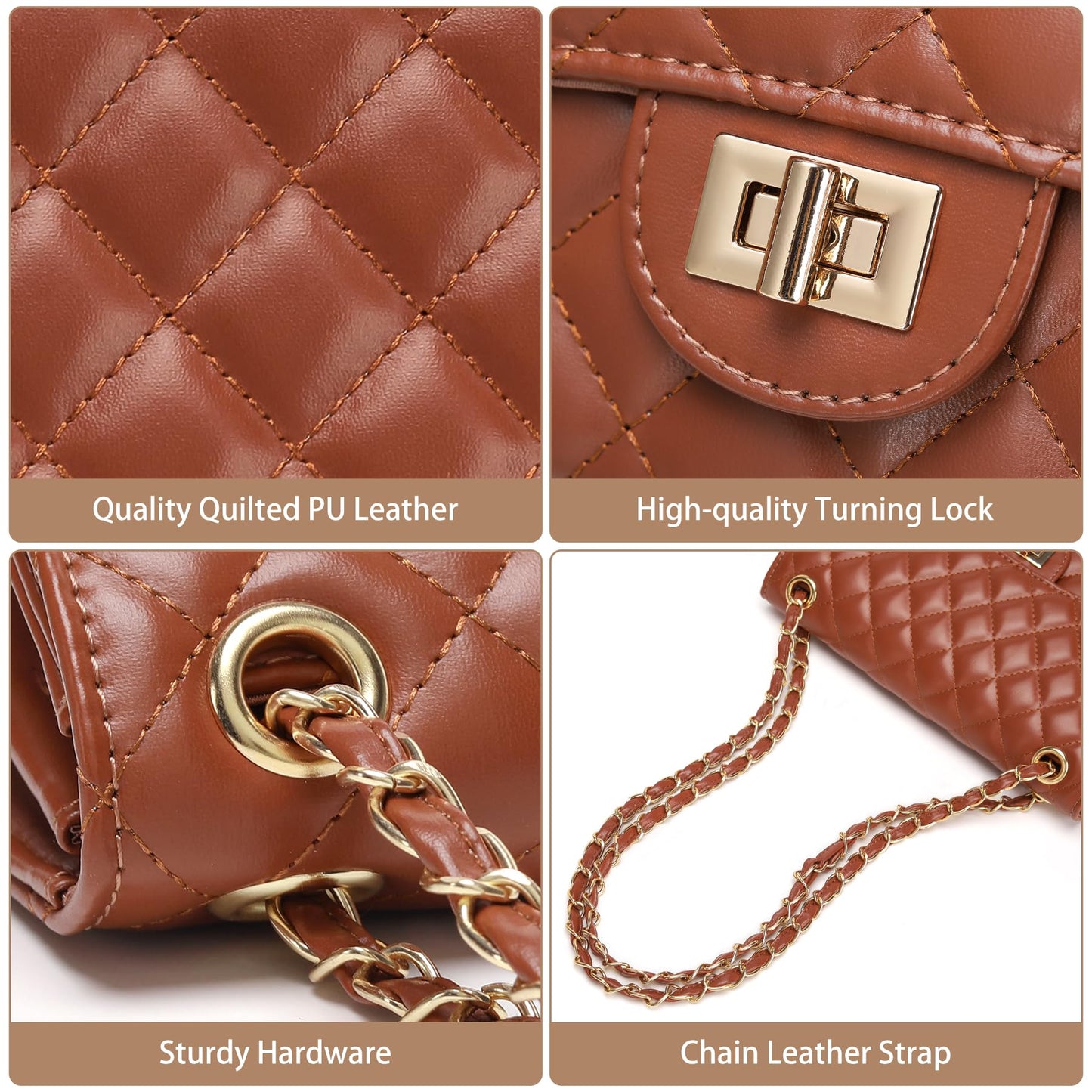 Quilted Crossbody Purse for Women Trendy Ladies Shoulder Bag with Chain Strap PU Leather Cross Body Bags Satchel HandBag,Caramel Brown