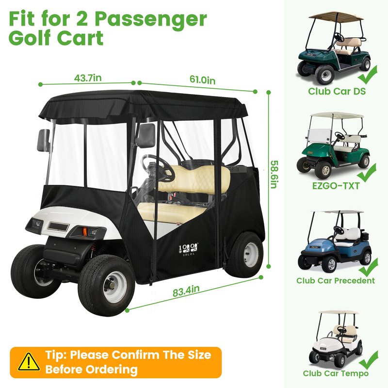 10L0L 2 Passenger Golf Cart Enclosure -61" Roof Fit Universal for EZGO TXT RXV & Club Car DS Precedent Tempo with Side Mirror Openings,Waterproof 600D Rain Cover,Transparent Tail Light Panel