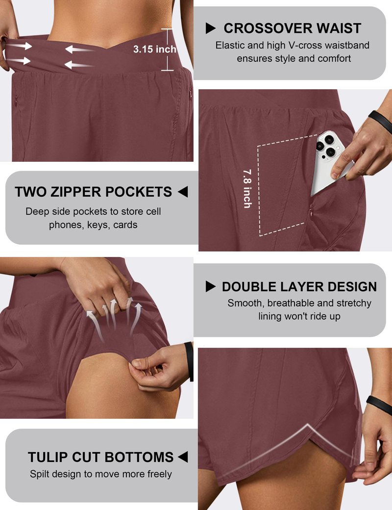 Blooming Jelly Women's Workout Shorts Athletic Running Casual Summer Quick Dry Gym Active Shorts with Zipper Pocket (Maroon,Large)