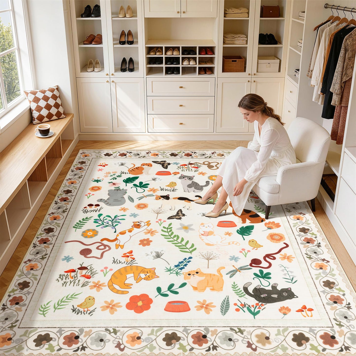 LIANLAM 5x7 Cat Lover's Area Rug, Washable Large Rug with Artistic Feline Design for Living Room & Bedroom, Pet Friendly Non-Slip Soft Carpet, Stain Resistant & Easy Clean(5x7,Beige)