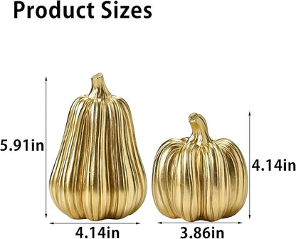 Gold Pumpkin Decor with Stripes, 2Pcs Resin Pumpkins for Decorating, Decorative Pumpkins for Fall Tabletop Decoration, Indoor Home, Autumn Kitchen, Thanksgiving Mantel Decor