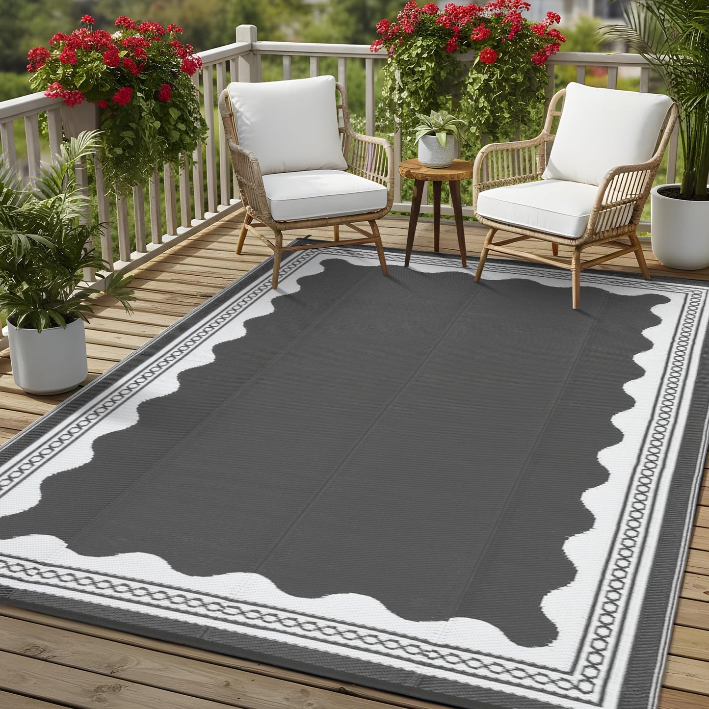 GarveeHome Outdoor Rug 10x14 Patio Waterproof, Reversible Plastic Straw Rugs for Camping, Picnic, Balcony, Porch, RV, Easy-Clean & Quick Dry Scalloped Pattern Large Indoor Outdoor Carpet, Grey