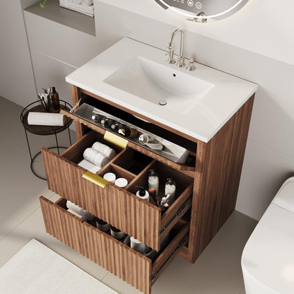 IDEALHOUSE 30" Walnut Fluted Bathroom Vanity with Sink, Farmhouse Freestanding Bathroom Sink Cabinet with 2 Drawers & 1 Flip-Down Drawer, Easy Assembly & Cleaning