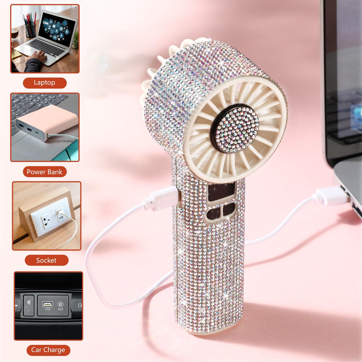 Mudder Rhinestone Handheld Fan Crystal Bling Mini Personal Fan Glitter Bedazzled Portable Usb Rechargeable & Battery Operated for Girls Women Outdoor Travel Indoor Makeup Office (Silver,Not Foldable)
