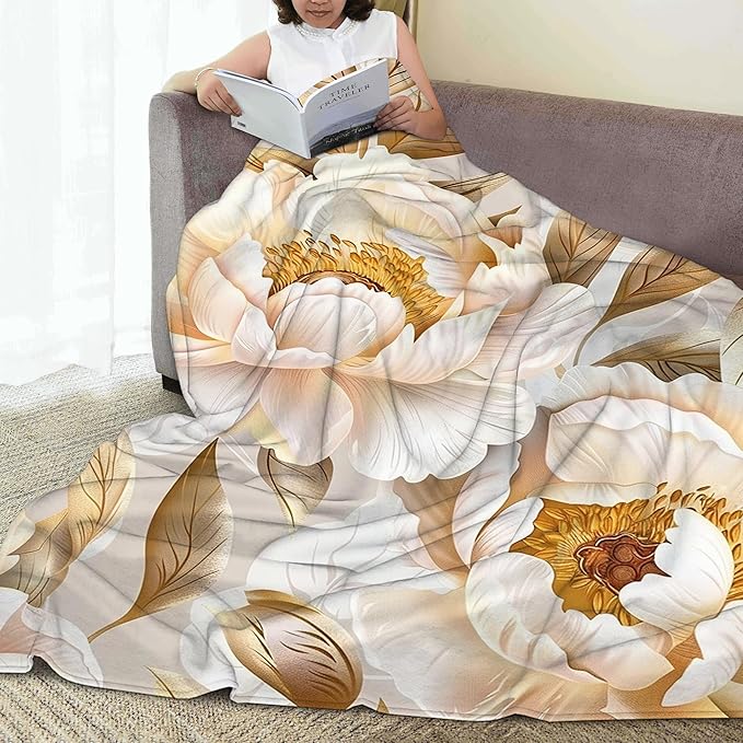 Vintage Golden Peony Blanket Gfits for Women Men Kids Floral Throw Blankets Soft Lightweight for Home Decor Couch Bed Sofa 50x60 Inches
