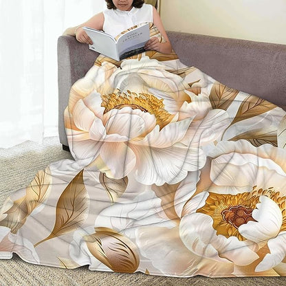 Vintage Golden Peony Blanket Gfits for Women Men Kids Floral Throw Blankets Soft Lightweight for Home Decor Couch Bed Sofa 50x60 Inches