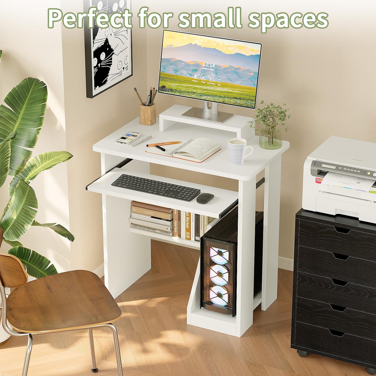 ALISENED 30" Small Computer Desk with Keyboard Tray Monitor Stand, Study Writing Desk with Storage Shelves, Modern Workstation for Small Spaces, Save Space, White