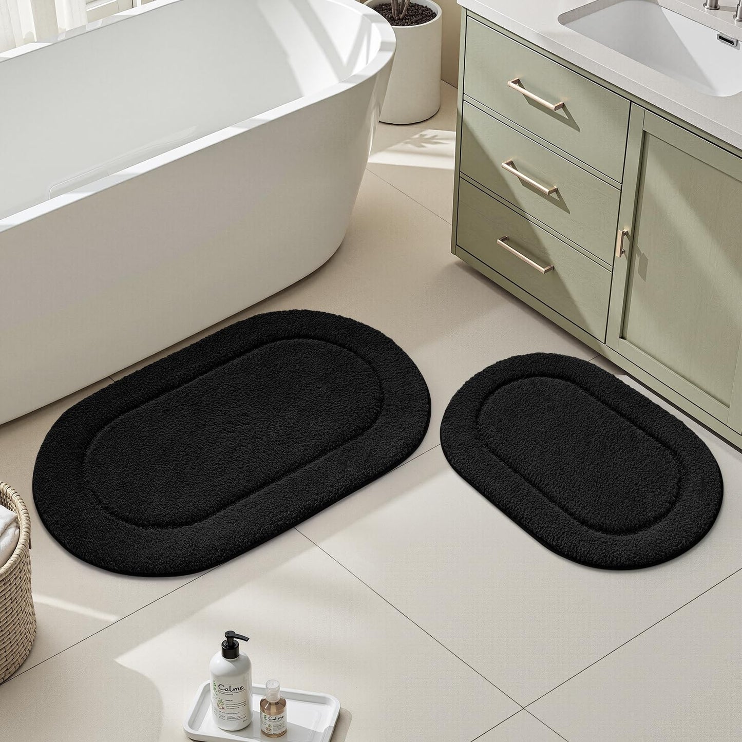 HOMEIDEAS Bathroom Rugs Sets 2 Piece, Small Bathroom Rugs, Soft, Absorbent Microfiber Mats, Machine Washable Bath Mats for Shower Room, Bathtub, Kitchen (20" x 32" + 16" x 24", Black)