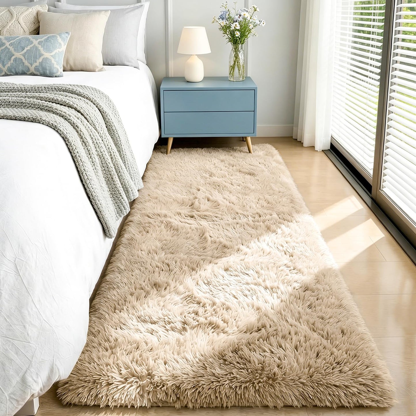 Runner Rugs for Bedroom Living Room, 2x6 Ultra Soft Plush Fluffy Bedside Rug, Long Shaggy Furry Bedroom Throw Rugs Floor Rug with High-Density Non-Slip Bottom for Dorm, Hallway, Ivory White, 2Pcs