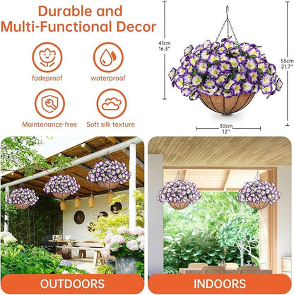 Artificial Hanging Flowers Basket, Fake Plants, Faux Silk Petunias Eucalyptus, for Spring Summer Outdoor Decoration, UV Resistant, Coconut Planter wtih Morning Glories, for Patio Garden Decor (Purple)